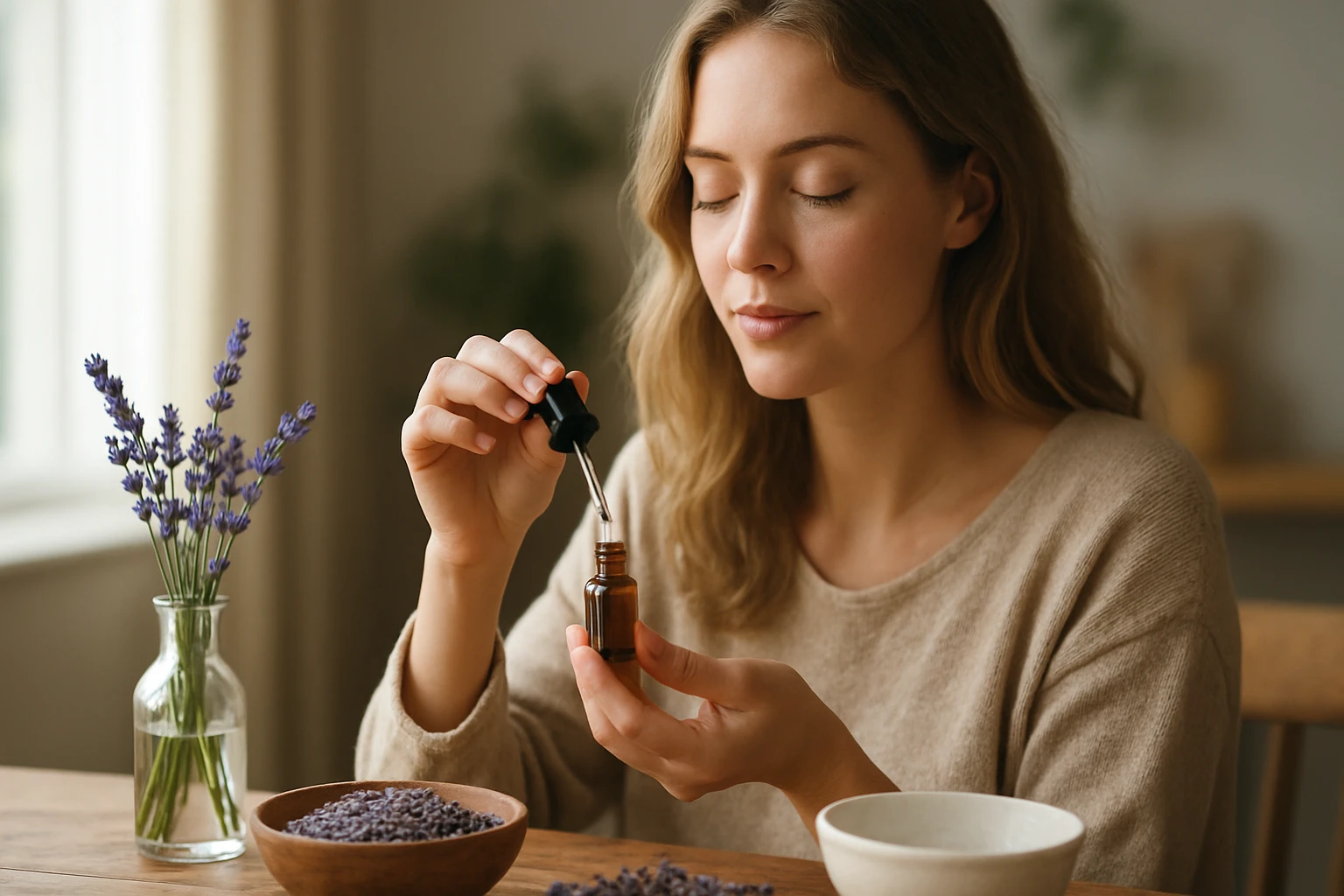 Žena s levanduľovým esenciálnym olejom a sušenou levanduľou.