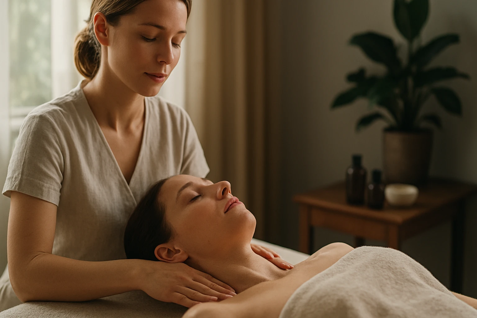 Žena podstupuje lymfatickú masáž v relaxačnom prostredí.