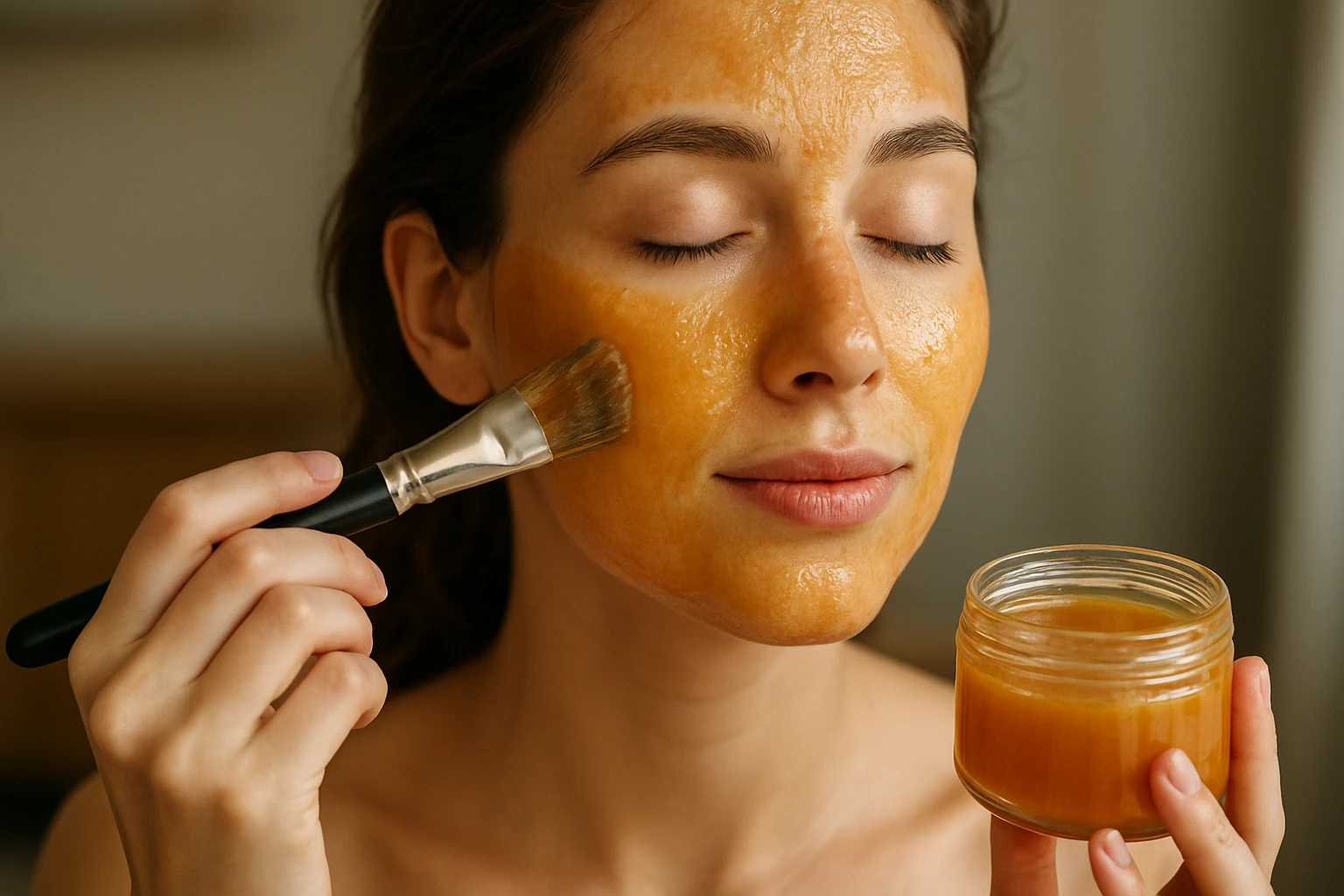 Žena s medovou pleťovou maskou na tvári a sklenenou nádobou s medom.