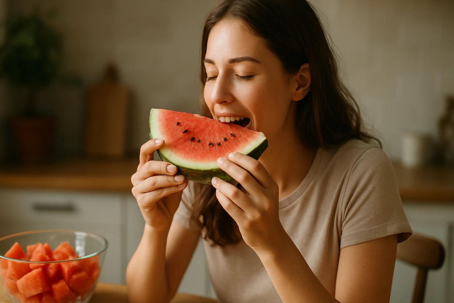 Mladá žena si vychutnáva zdravý melón plný vitamínov a chuti.