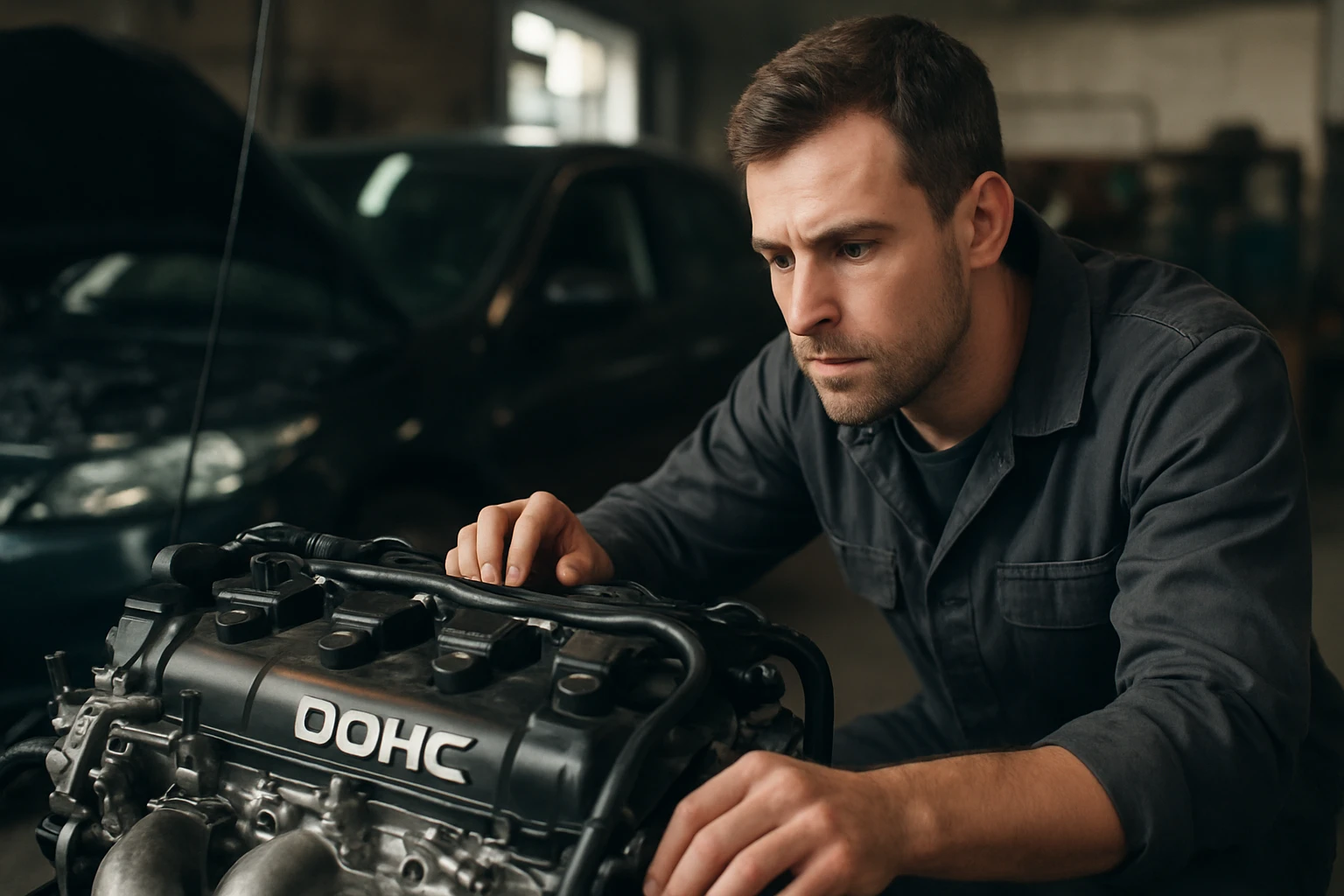 Mechanik s motorom DOHC v autoservise, kontrola technológie.