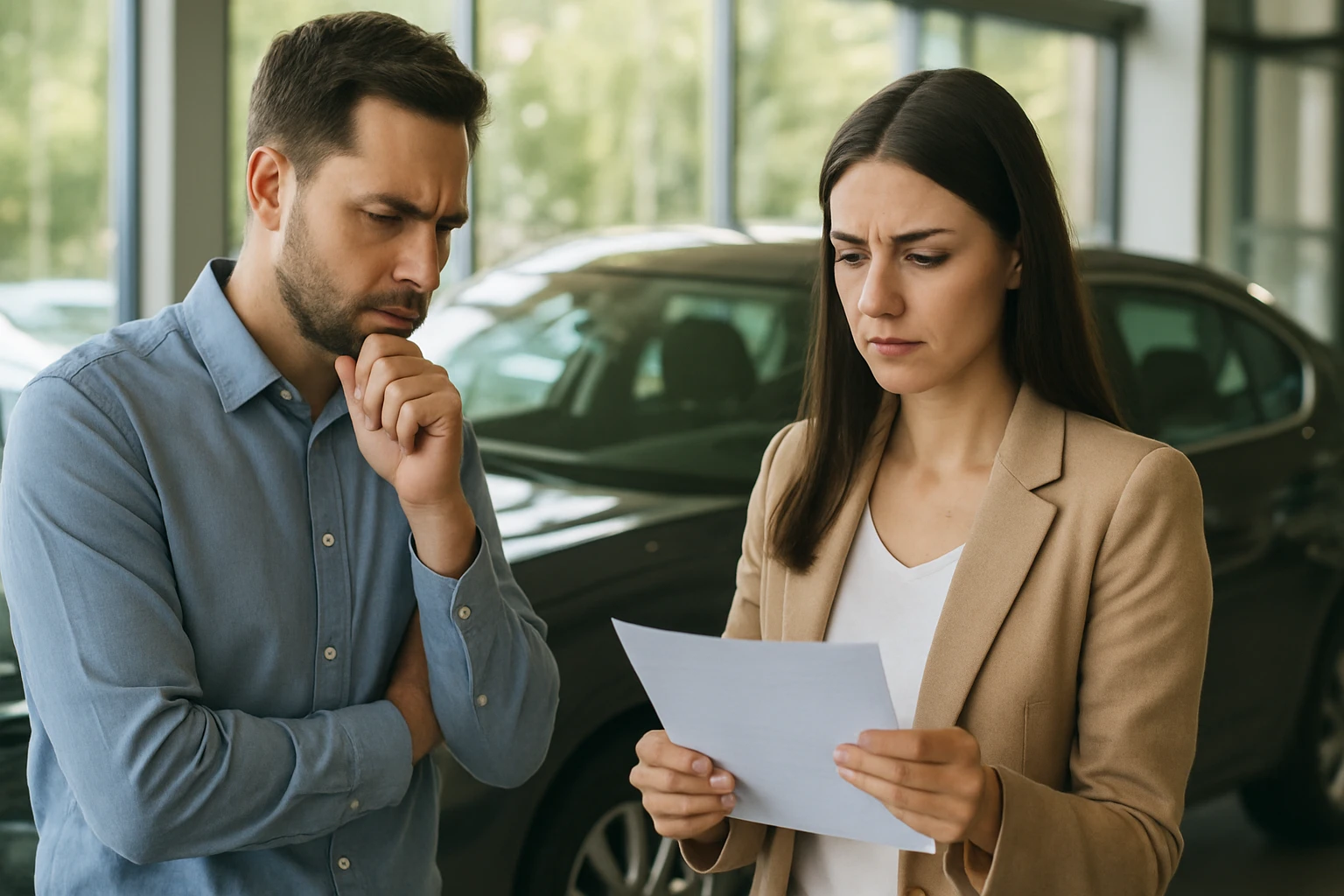 Pár diskutuje o výhodách a nevýhodách kúpy auta v predajni.