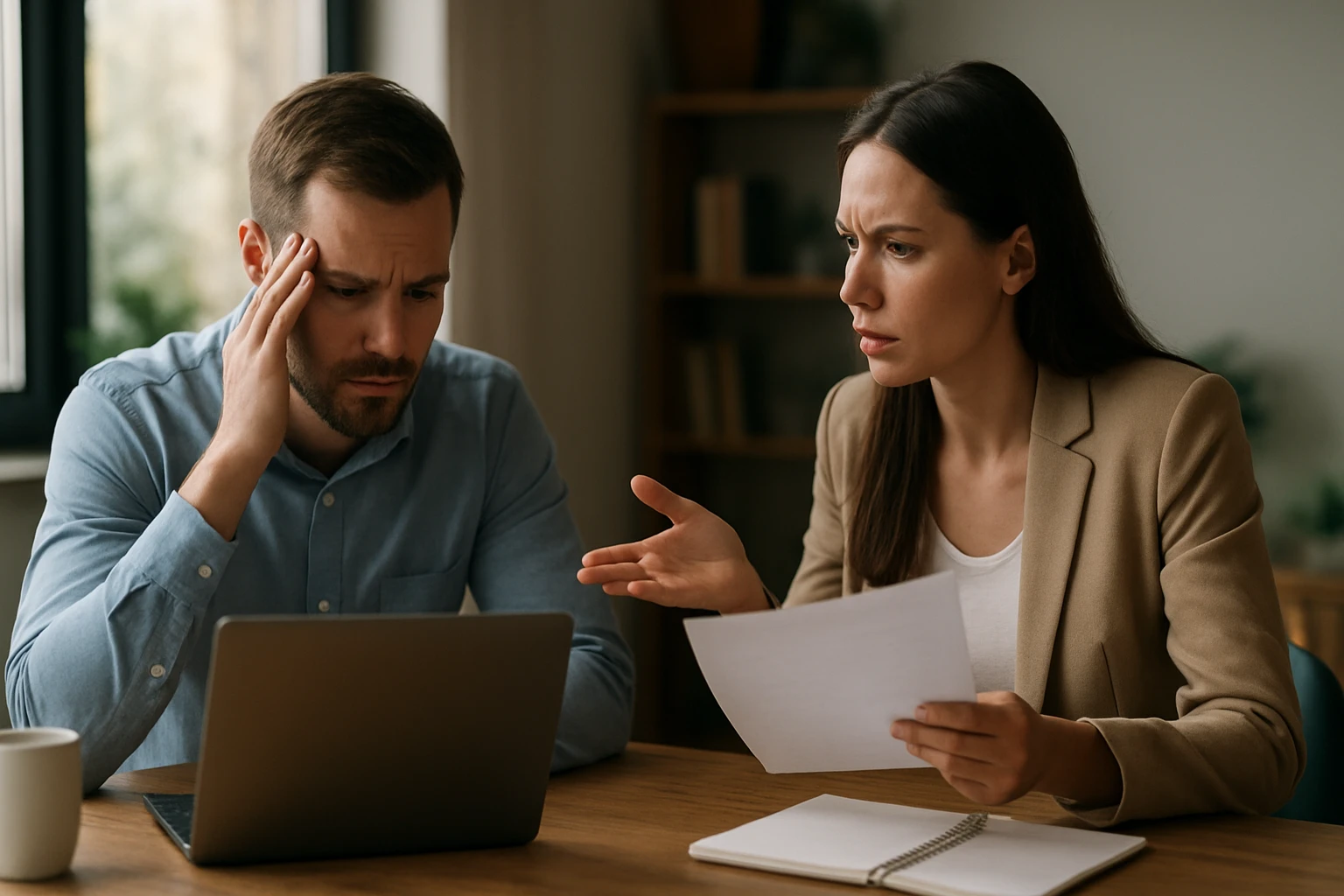 Dve osoby diskutujú o problémoch podnikania pri stole s notebookom.