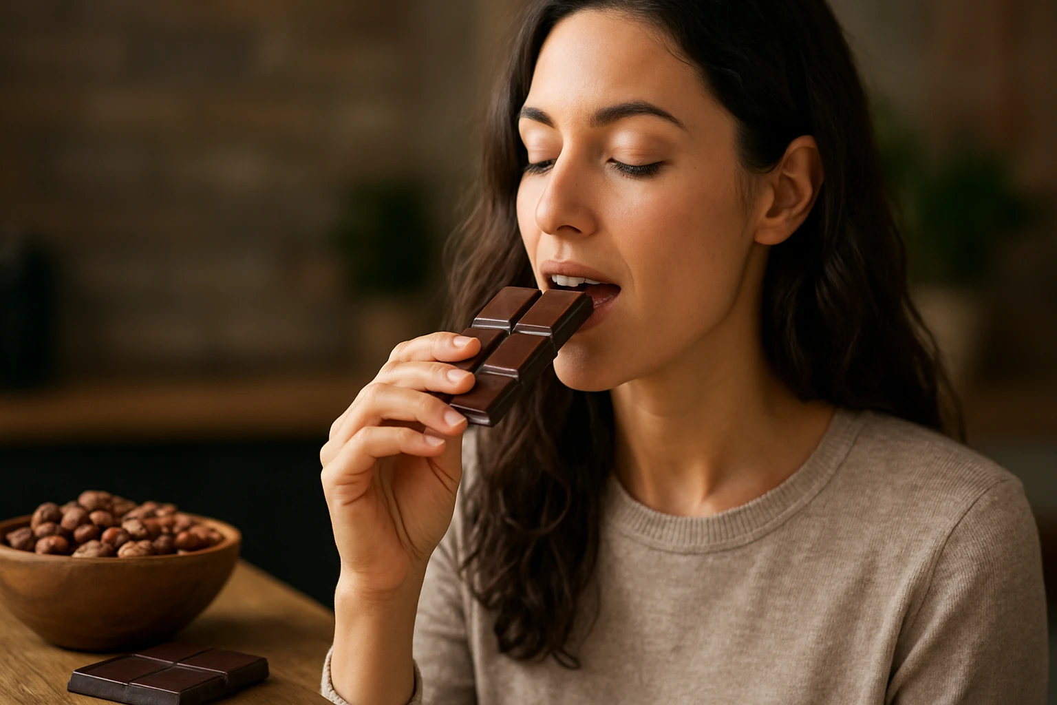 Žena si vychutnáva čokoládu s vysokým obsahom kakaa
