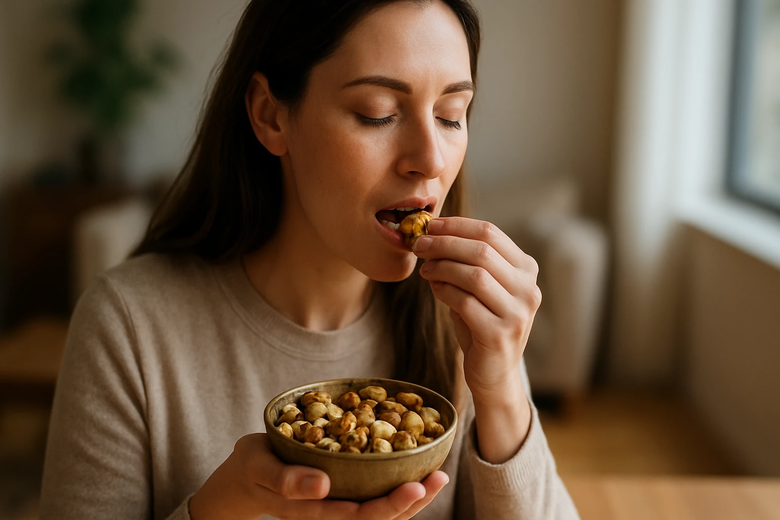 Žena si vychutnáva orechy z keramickej misy