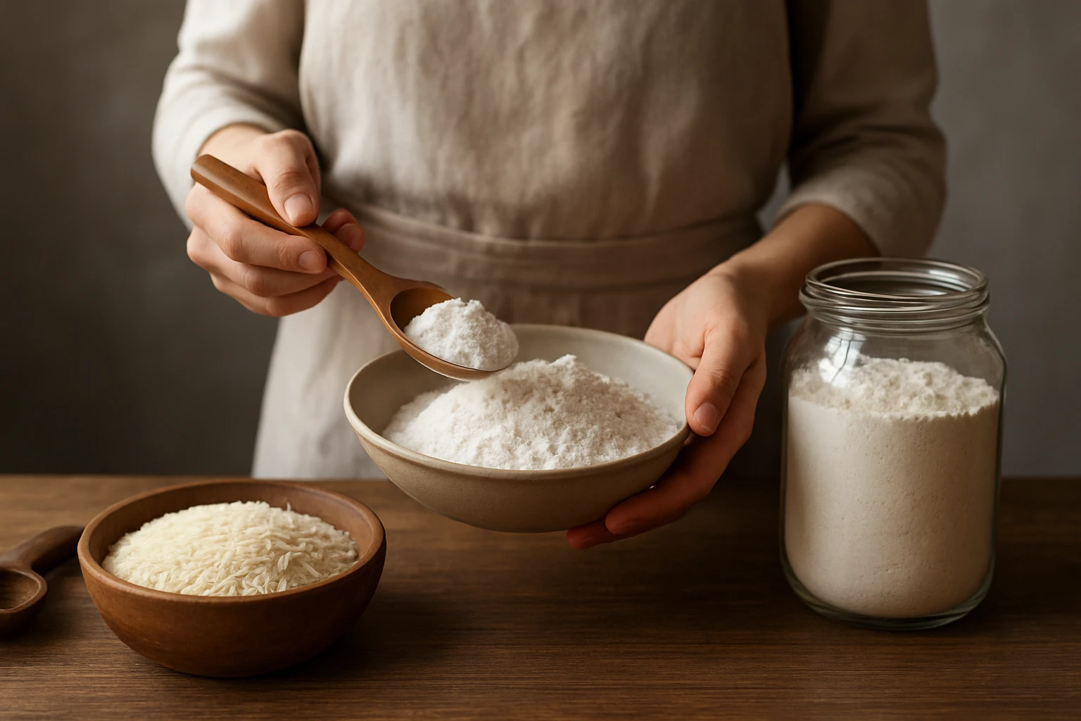 Osoba drží lyžicu ryžovej múky nad miskou s ryžou na drevenom stole.