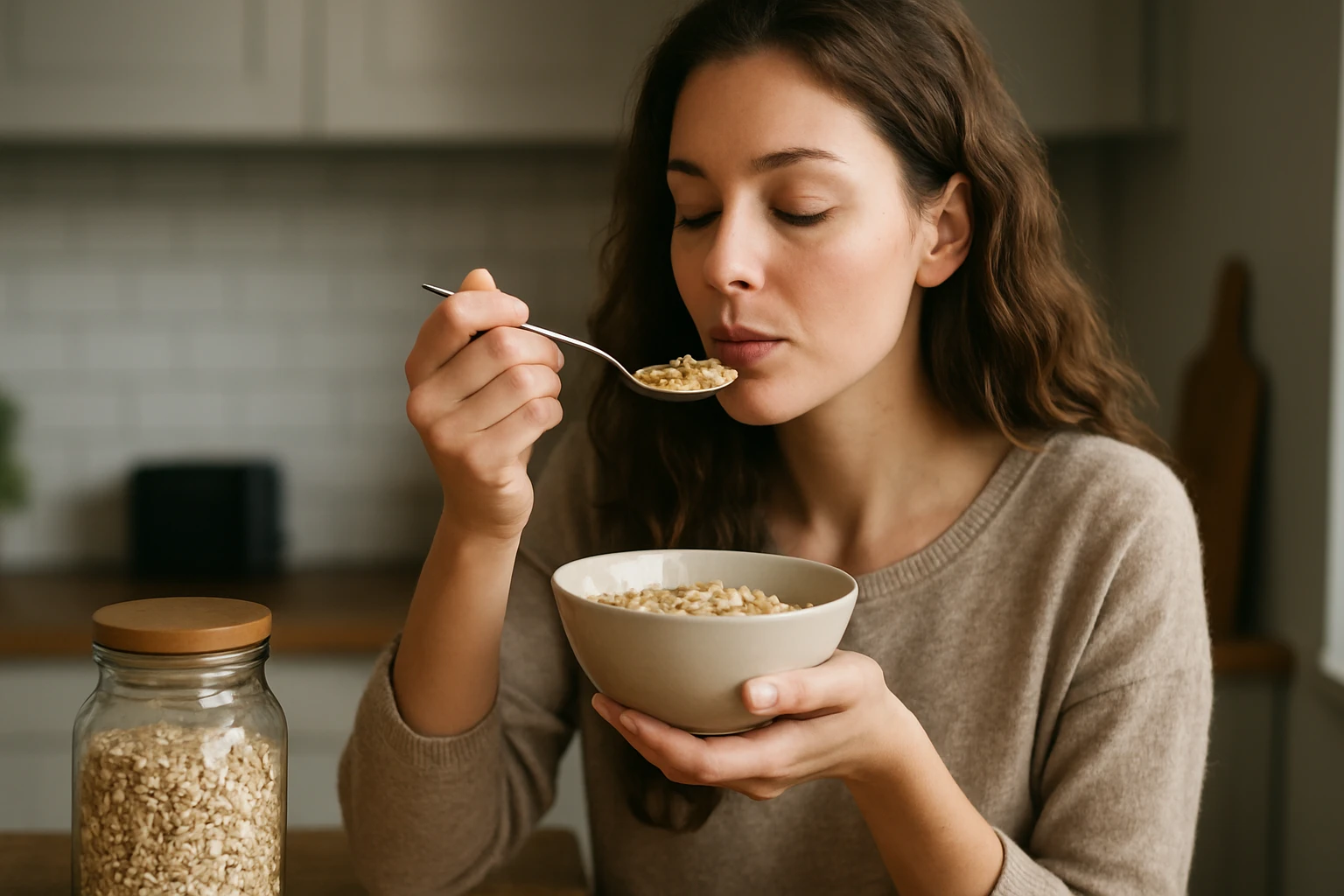 Žena vychutnáva ovsené vločky v miske