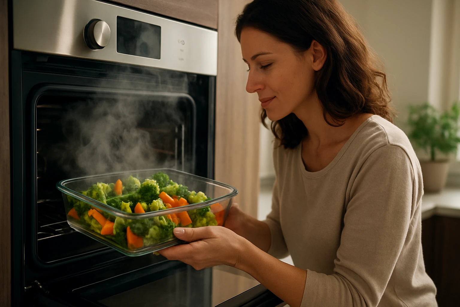 Žena vklada zeleninu do parnej rúry na zdravé varenie.