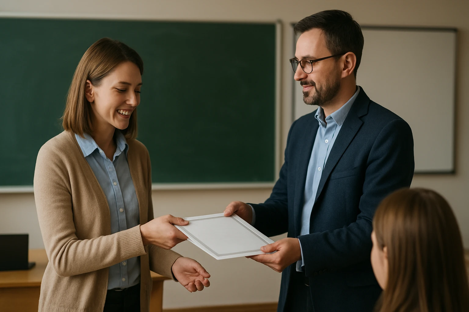 Učiteľ predáva certifikát na pedagogickú atestáciu