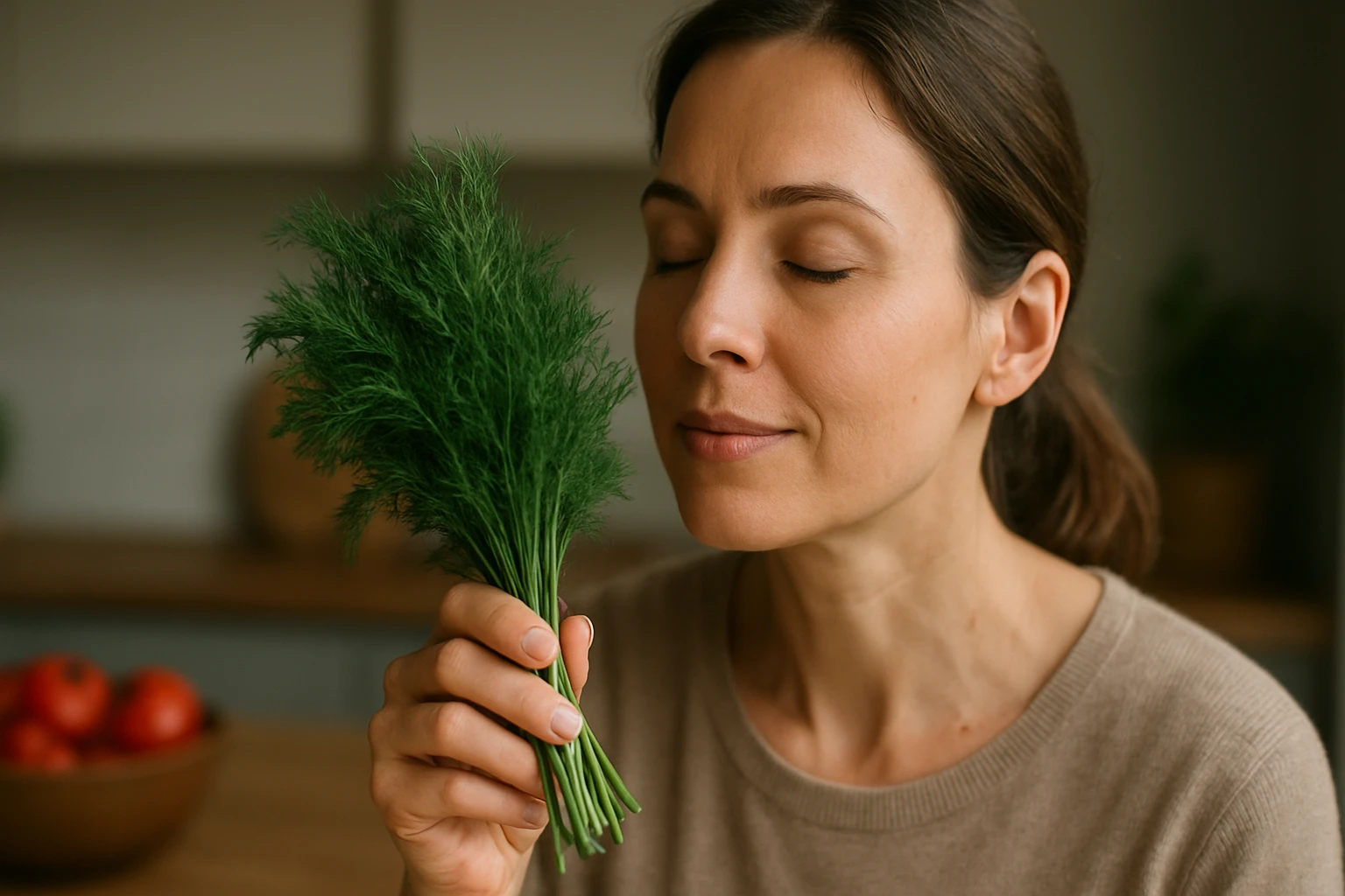 Žena cíti voňu čerstvého kôpru v kuchyni