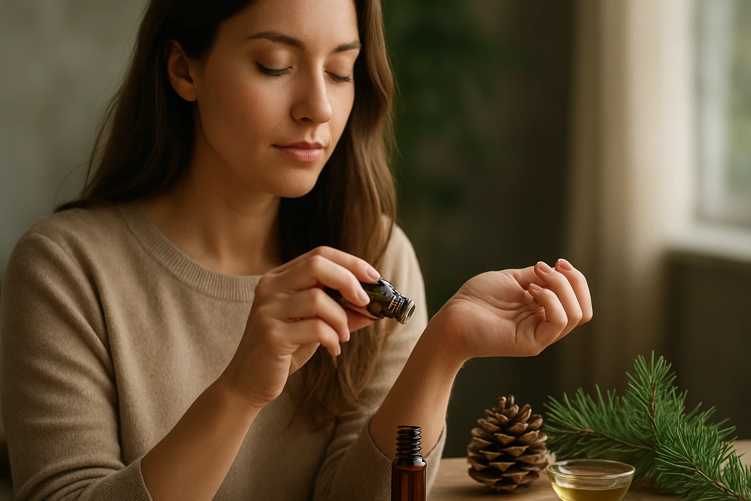 Žena aplikuje esenciálny olej zo sibírskej borovice na ruku