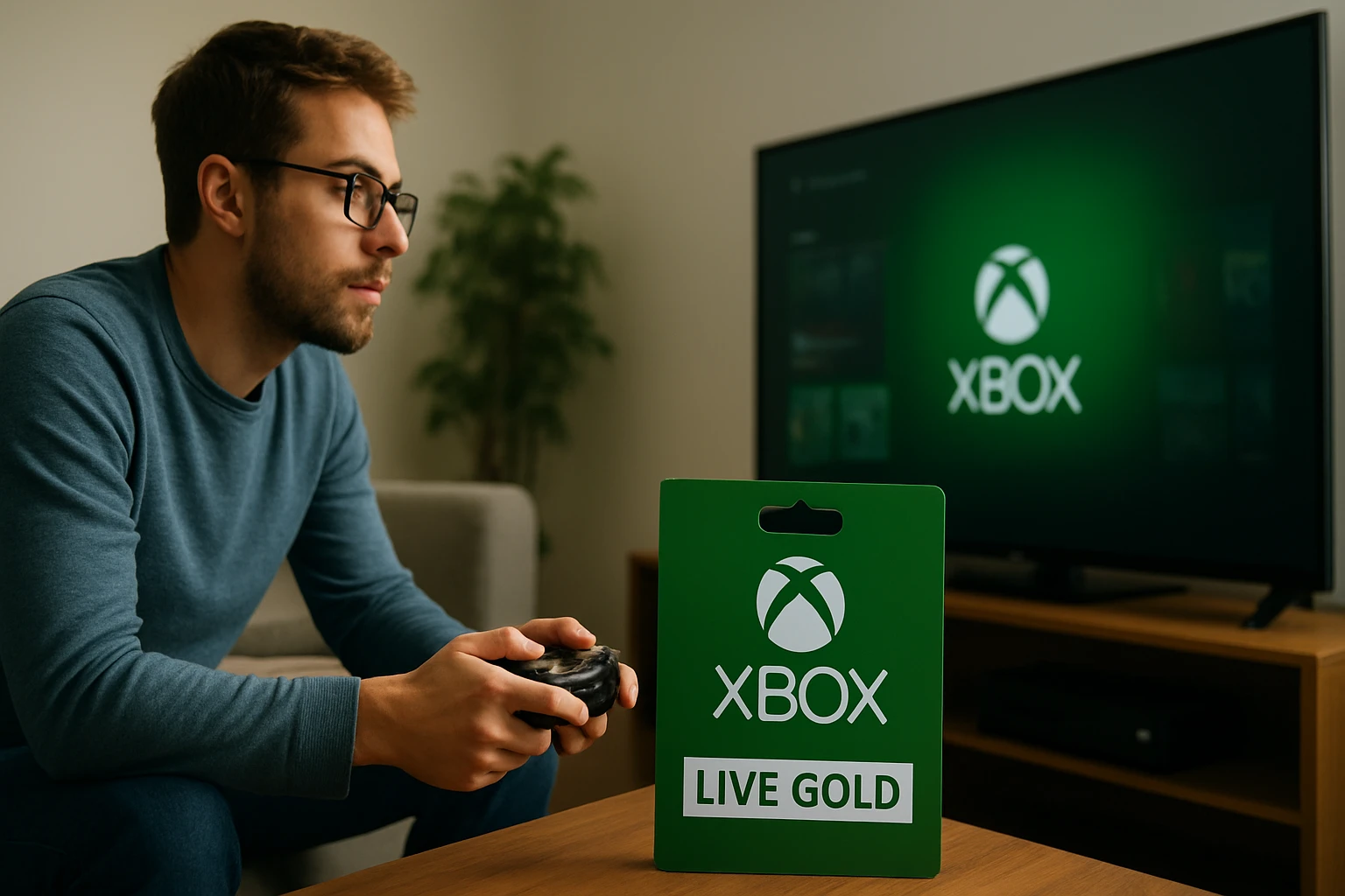 Hráč s ovládačom pred televízorom s Xbox Live Gold