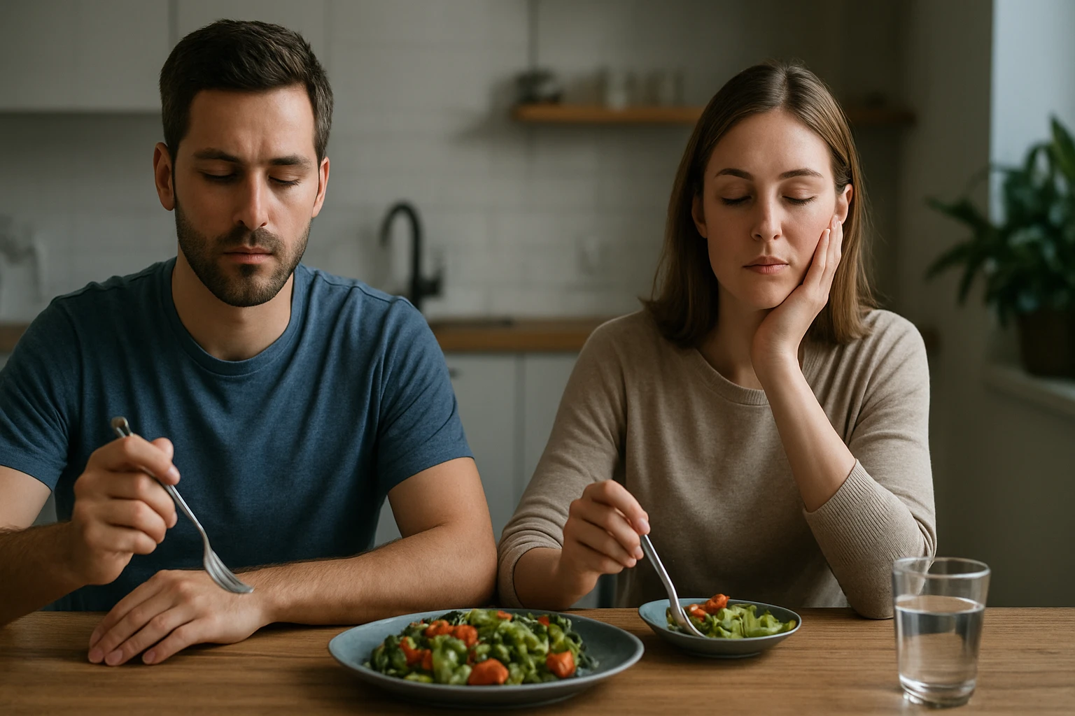 Dvojica pri prerušovanom pôste s tanierom zeleninového jedla.