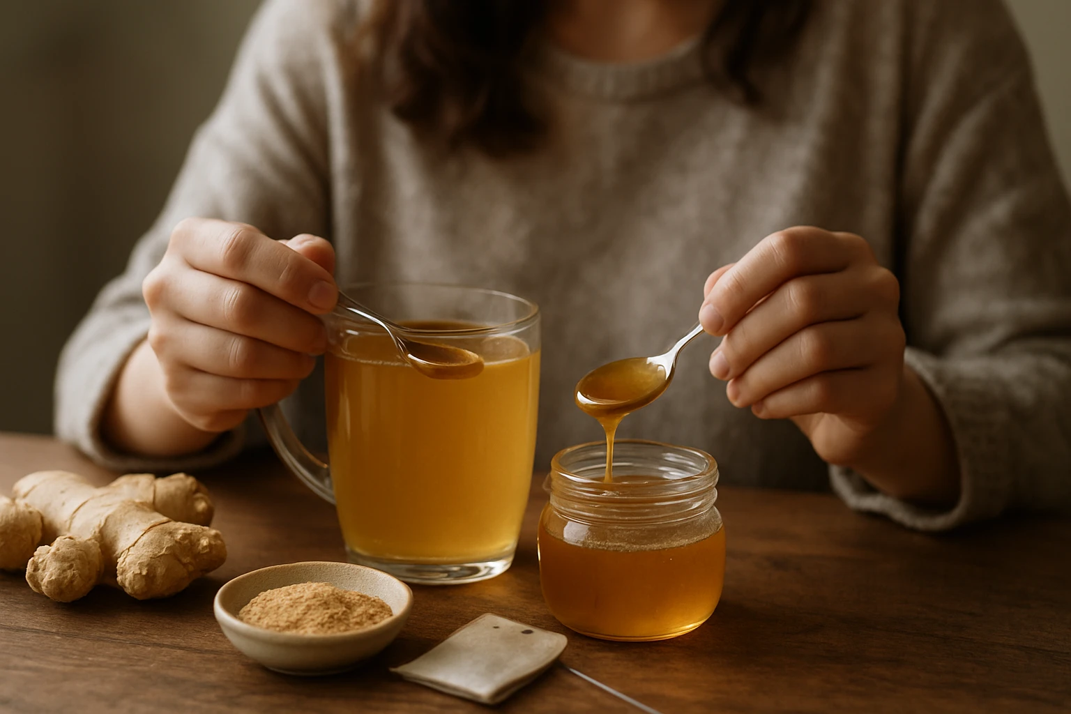 Príprava instantného čaju s medom a zázvorom na drevenom stole