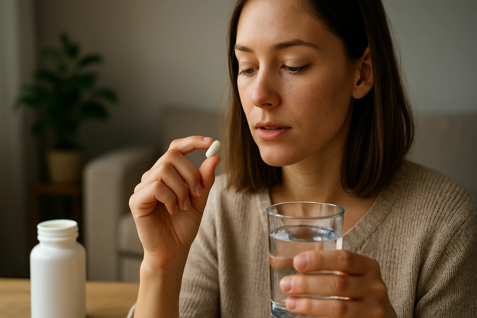 Žena užíva probiotickú kapsulu s pohárom vody.