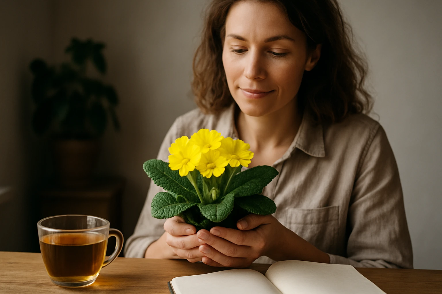 Žena s prvosienkou a bylinkovým čajom na drevenom stole.