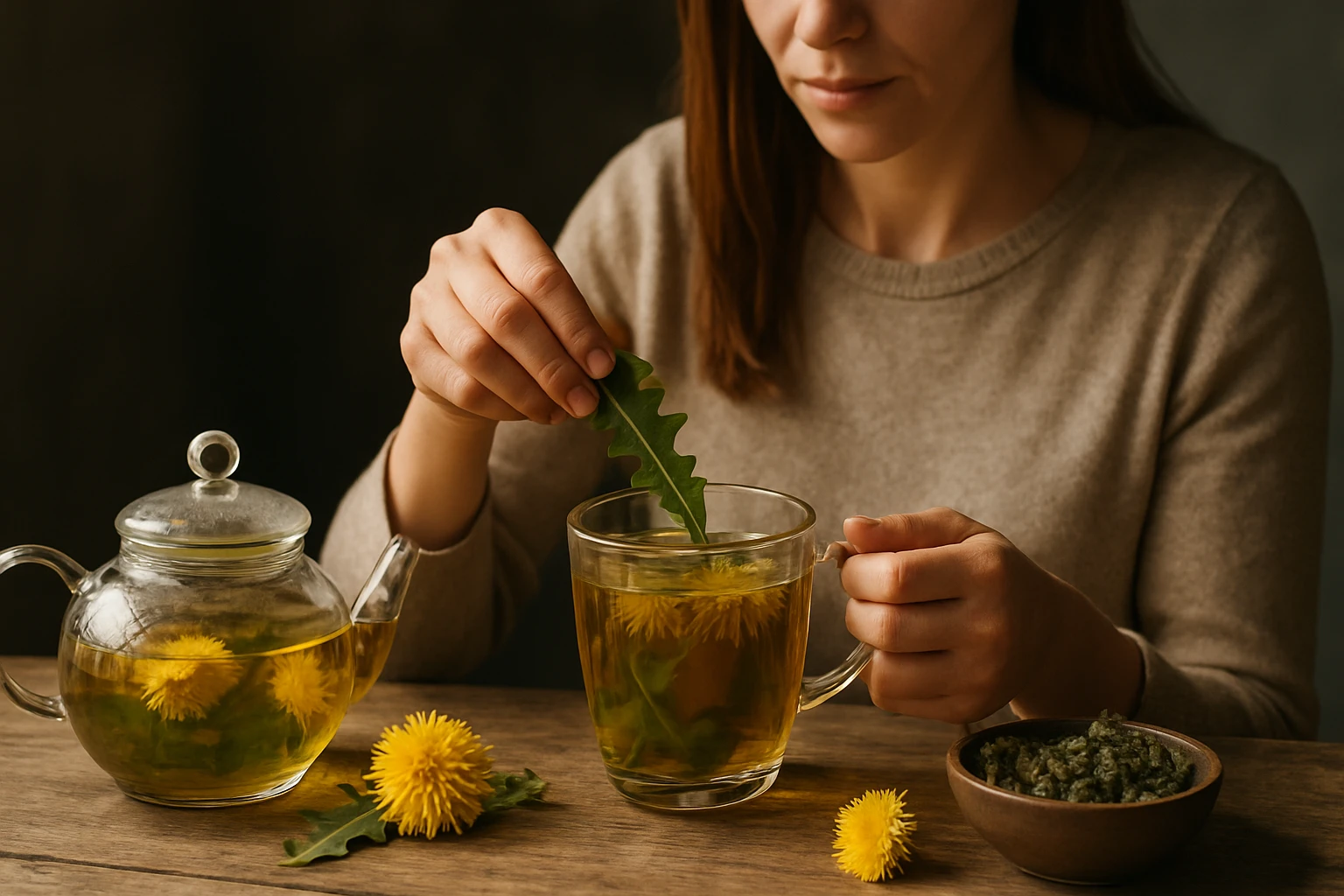 Žena pripravuje čaj z púpavy s čerstvými kvetmi a listami.