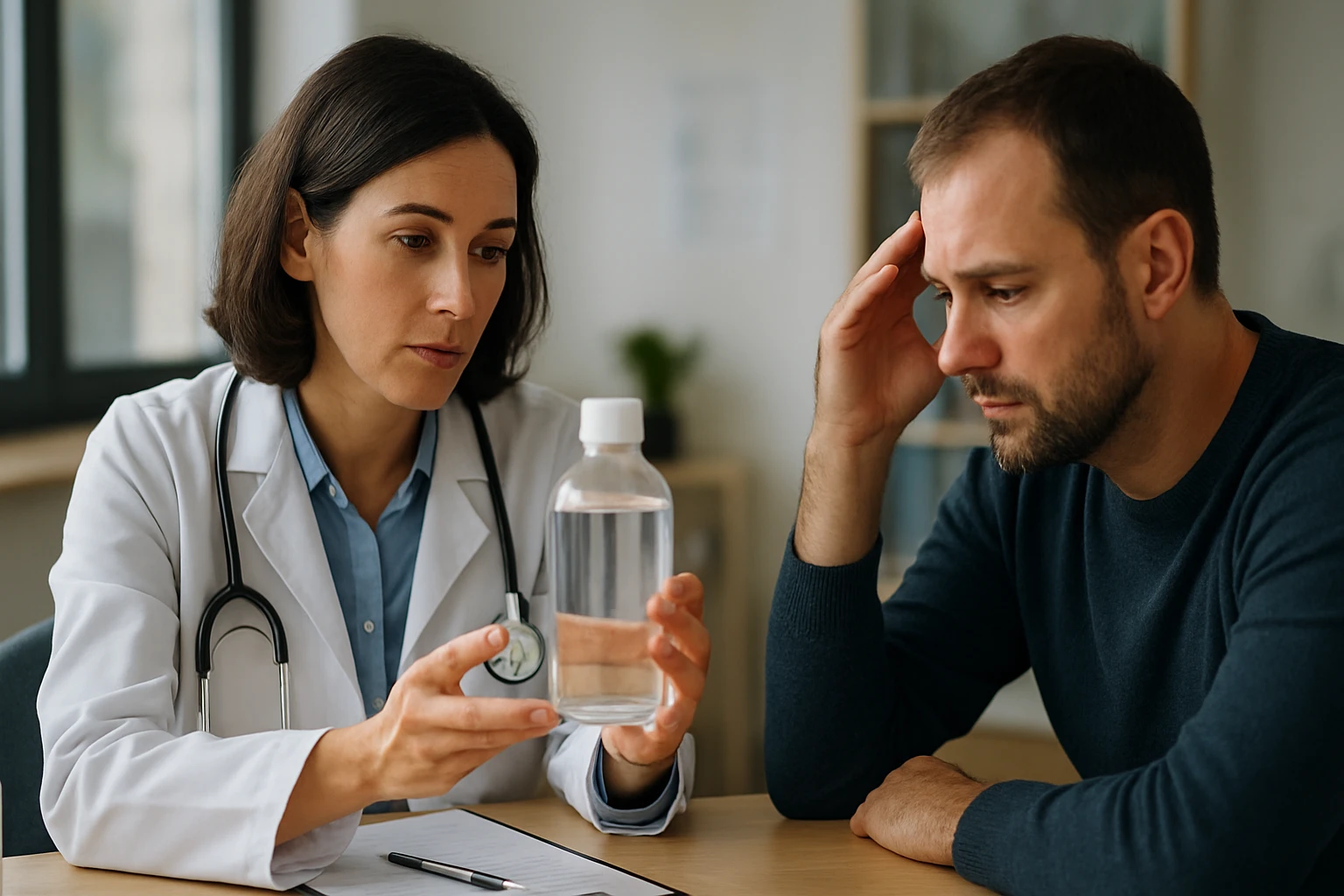 Lekár konzultuje pacientovi účinky propylénglykolu v medicíne.