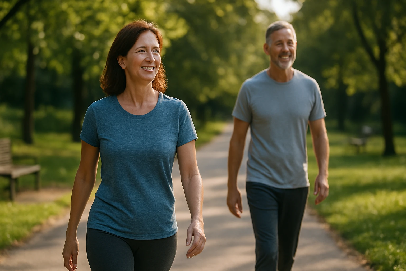 Dvojica ľudí chodiacich v parku na slnečnej ceste.