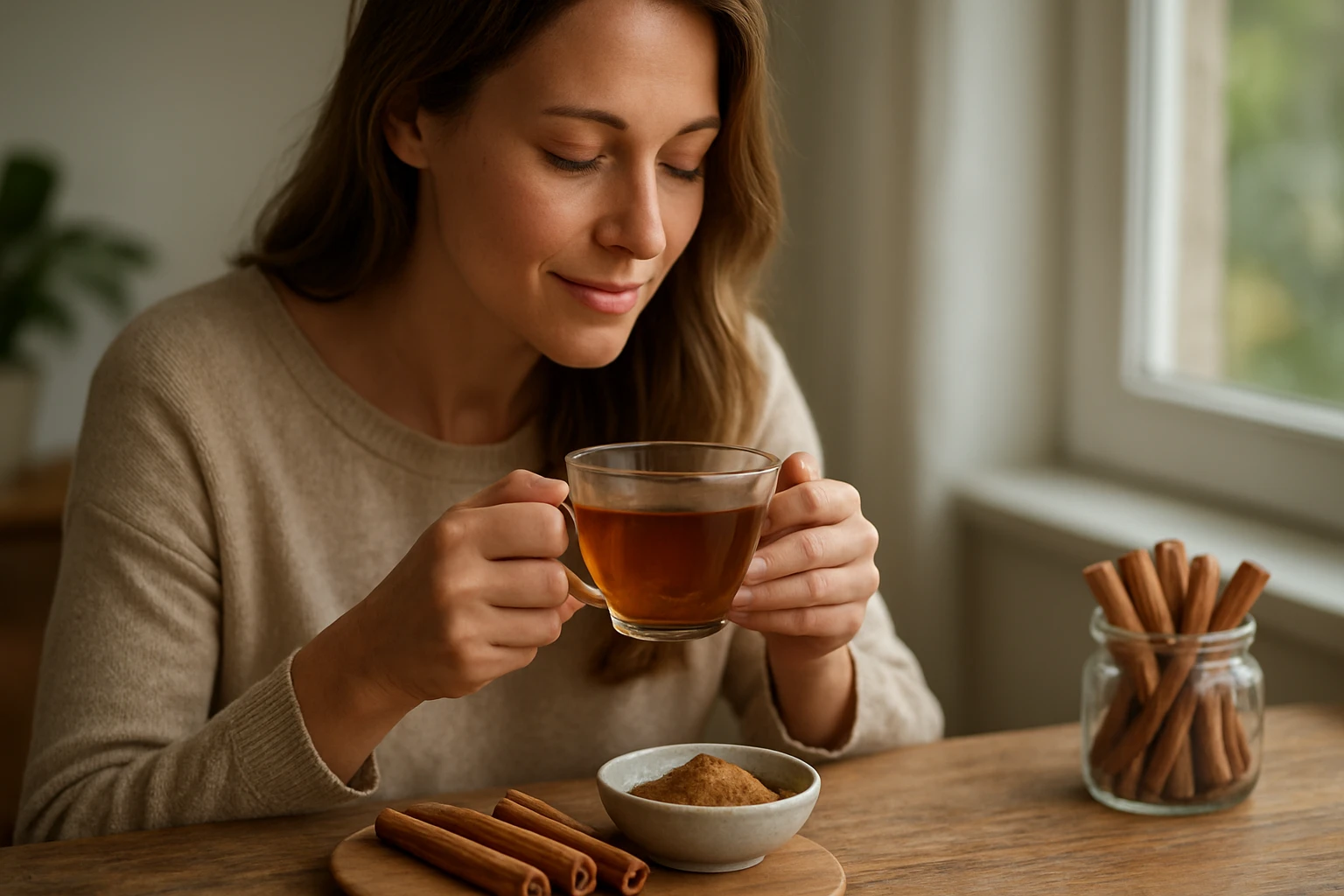 Žena si vychutnáva škoricový čaj a škoricu na stole.