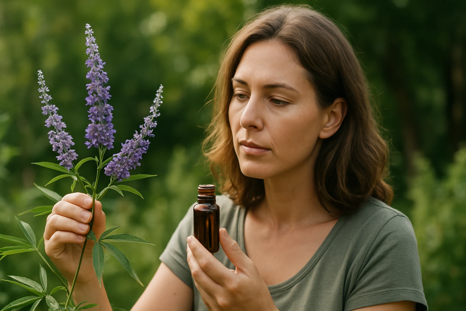 Žena skúma dráč obyčajný a tinktúru z Vitex agnus-castus.