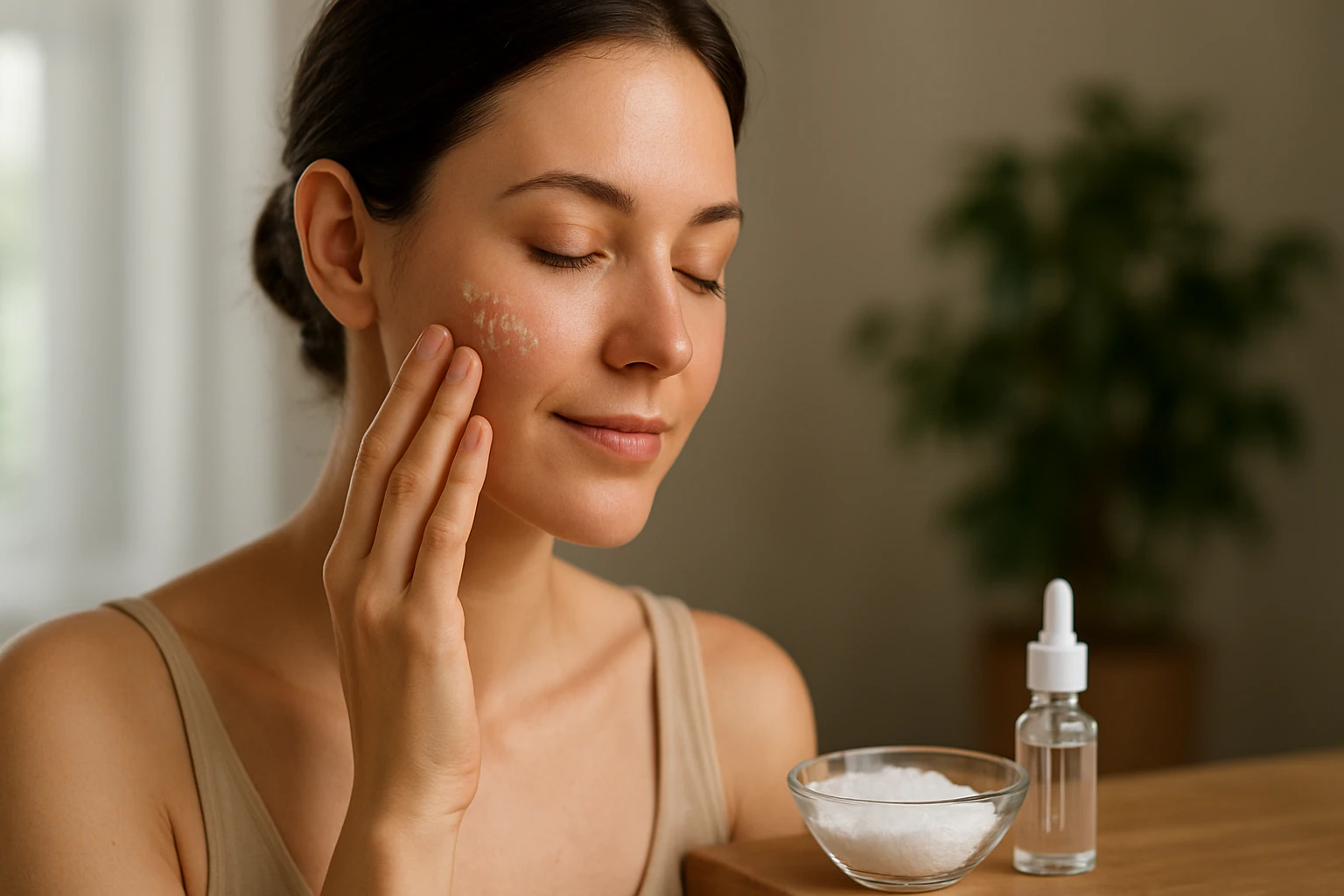 Žena nanáša na pleť sodnú soľ kyseliny hyalurónovej na hydratáciu.
