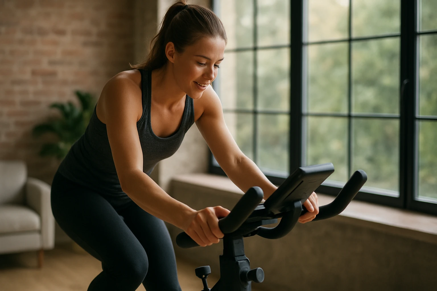Žena cvičí na stacionárnom bicykli v svetlej miestnosti s oknami.