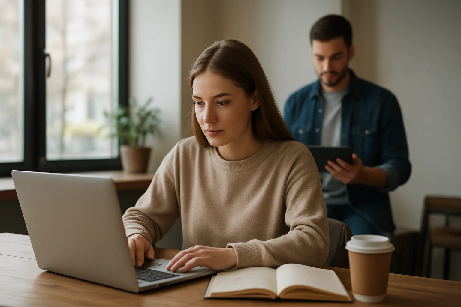 Študent pracuje na laptopu s knihou a kávou v kaviarni