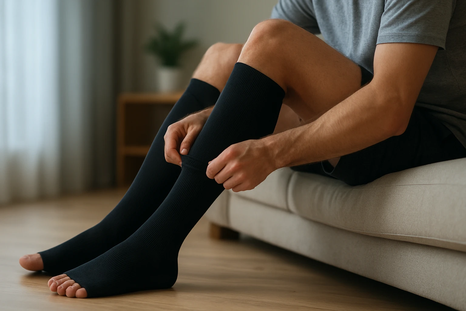 Muž si oblieka kompresné ponožky v obývacej izbe.