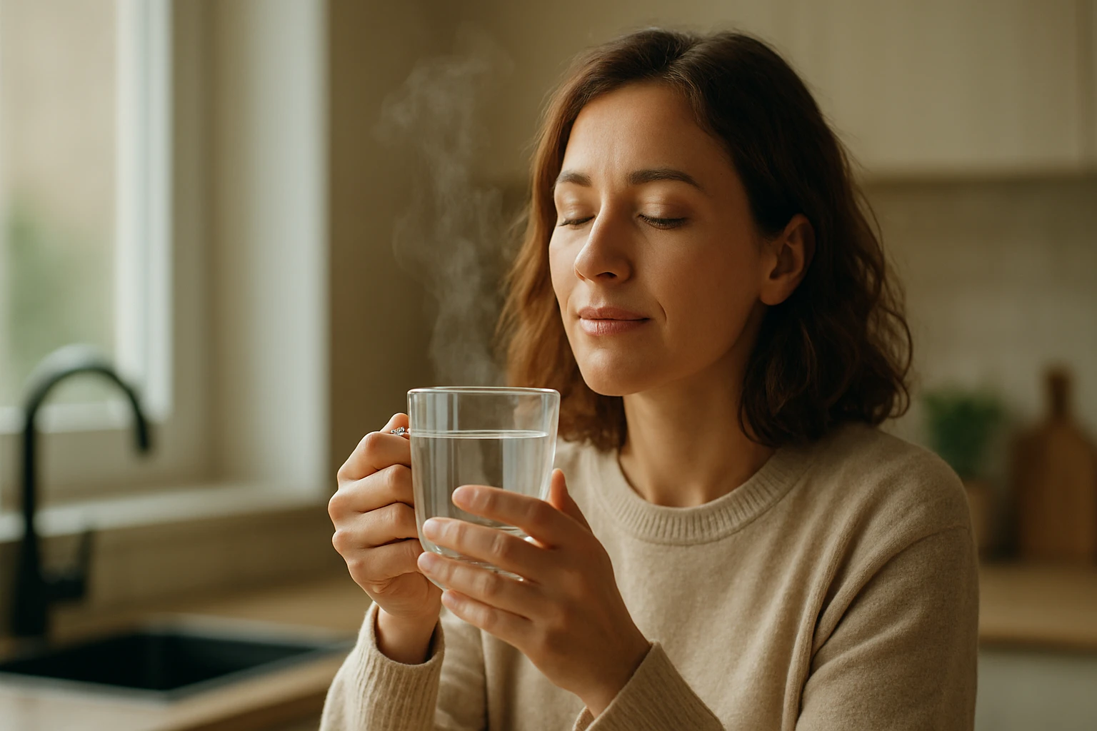 Žena si vychutnáva teplú vodu v útulnom prostredí.