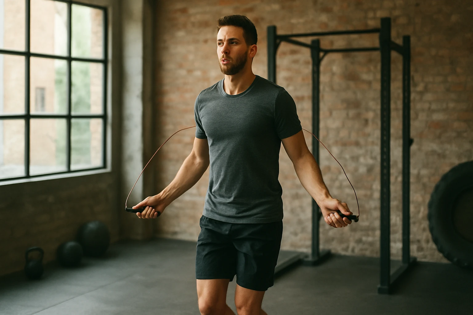 Muž cvičí so švihadlom v posilňovni