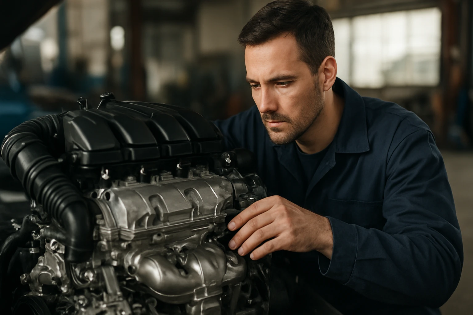 Mechanik kontroluje trojvalcový motor v dielni