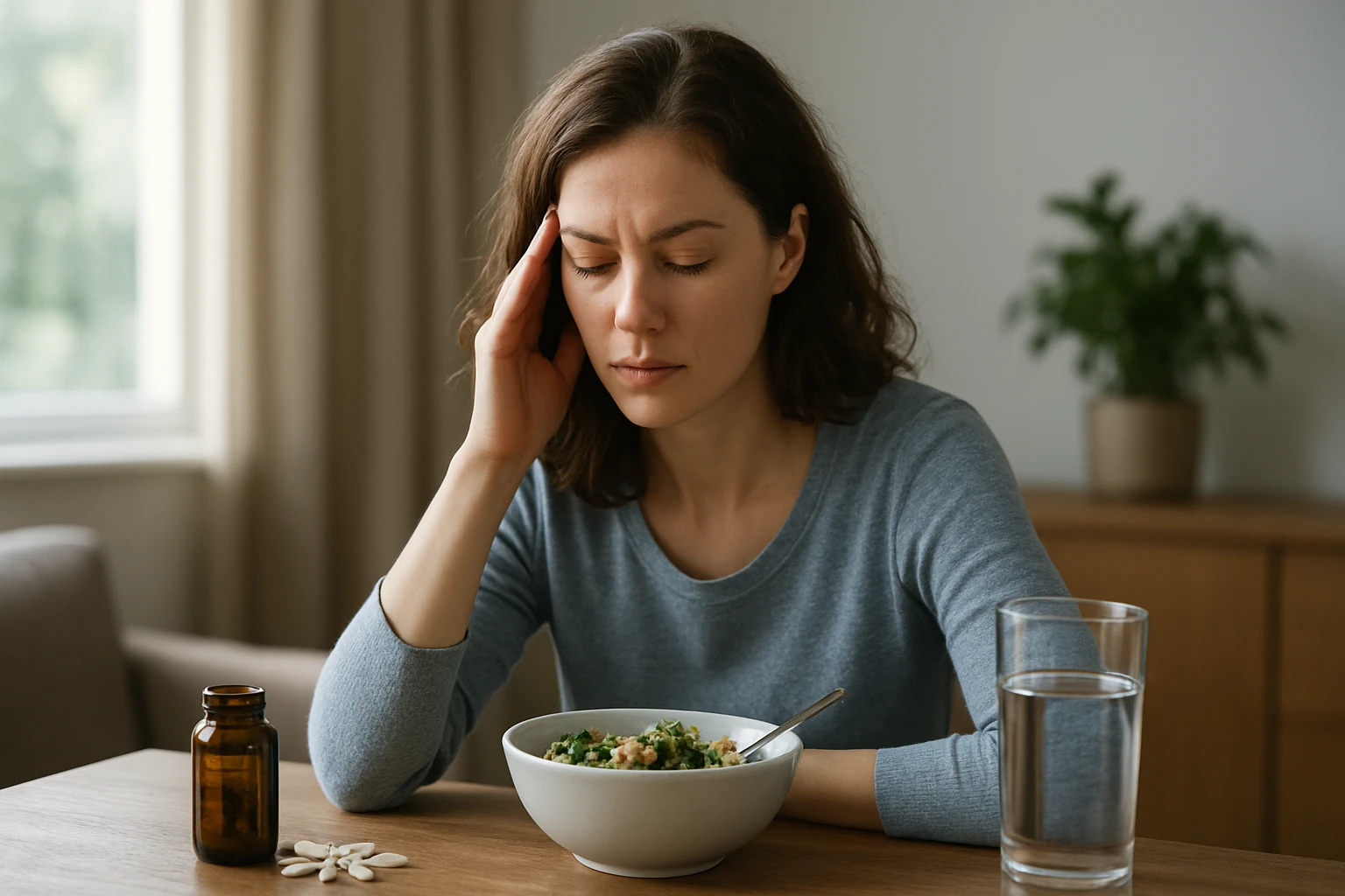 Žena sedi pri stole, zamyslená nad zdravou stravou s jedlom a vodou.