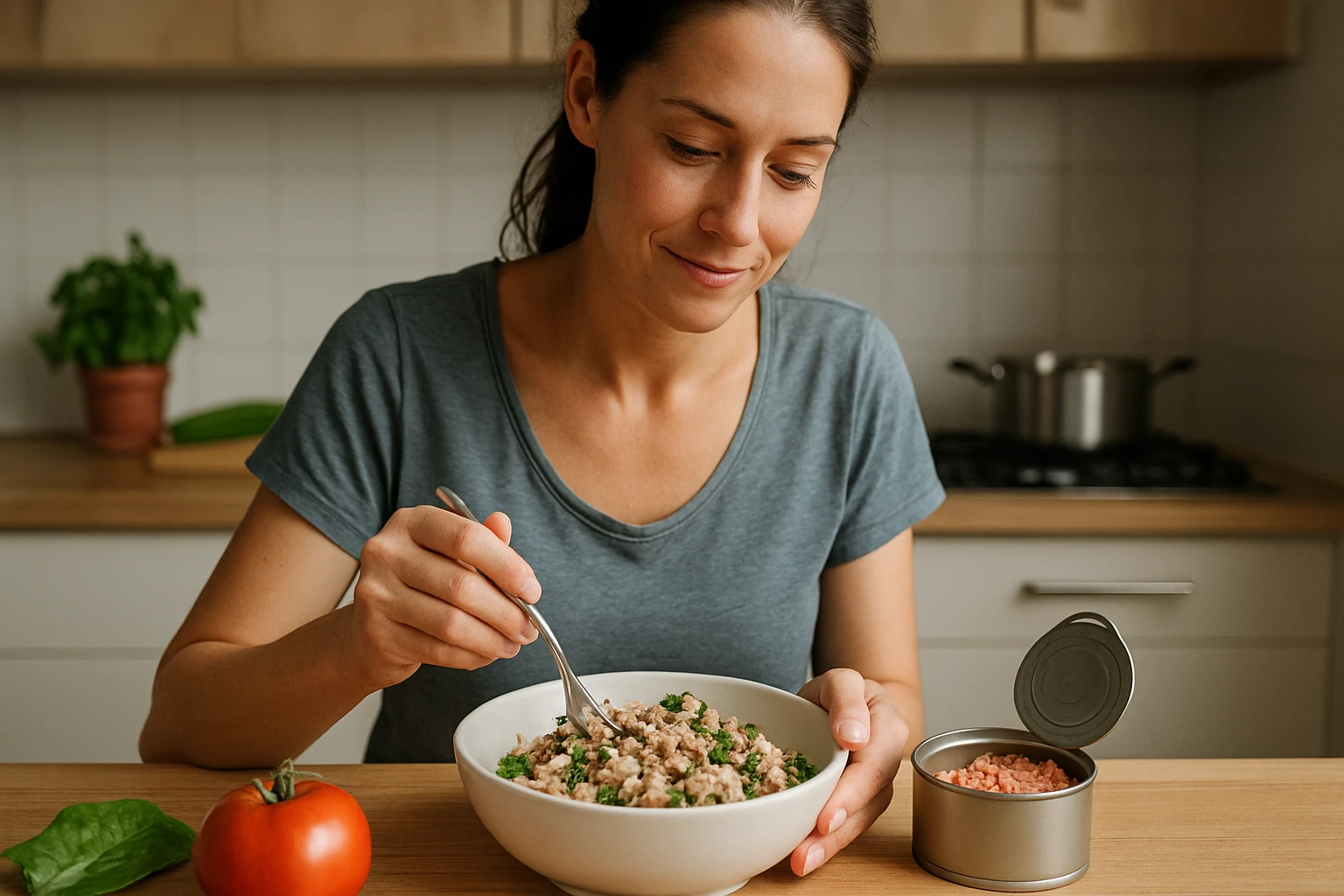 Žena si vychutnáva zdravé jedlo s tuniakom a zeleninou.