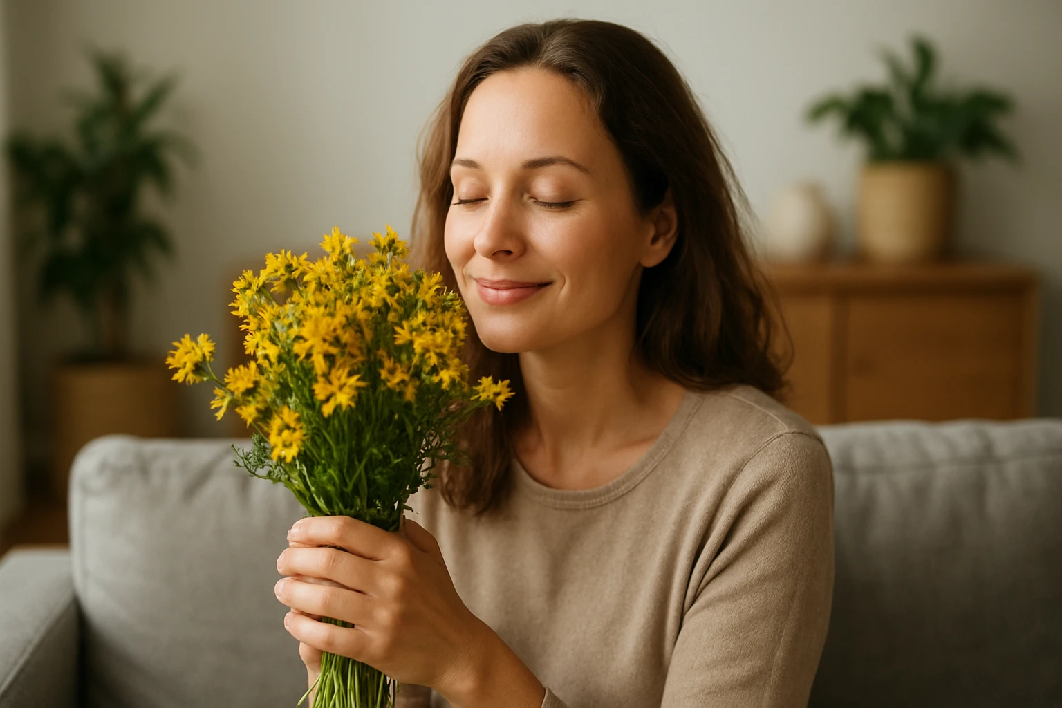 Žena s ľubovníkom bodkovaným, zlepšuje náladu a podporuje zdravie