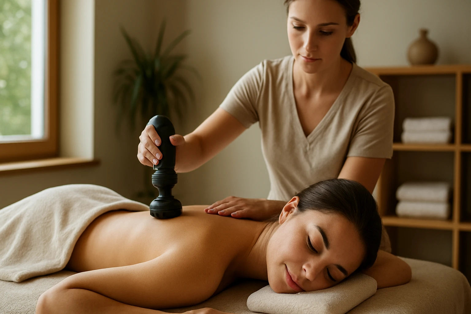 Žena dostáva vlno-masáž, relaxačný zážitok pre zdravie a pohodu.