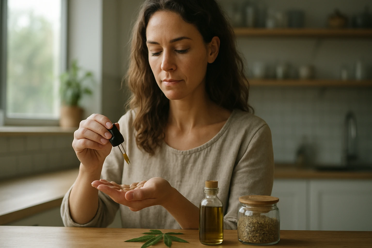 Žena aplikuje konopný olej na dlaň v kuchyni.