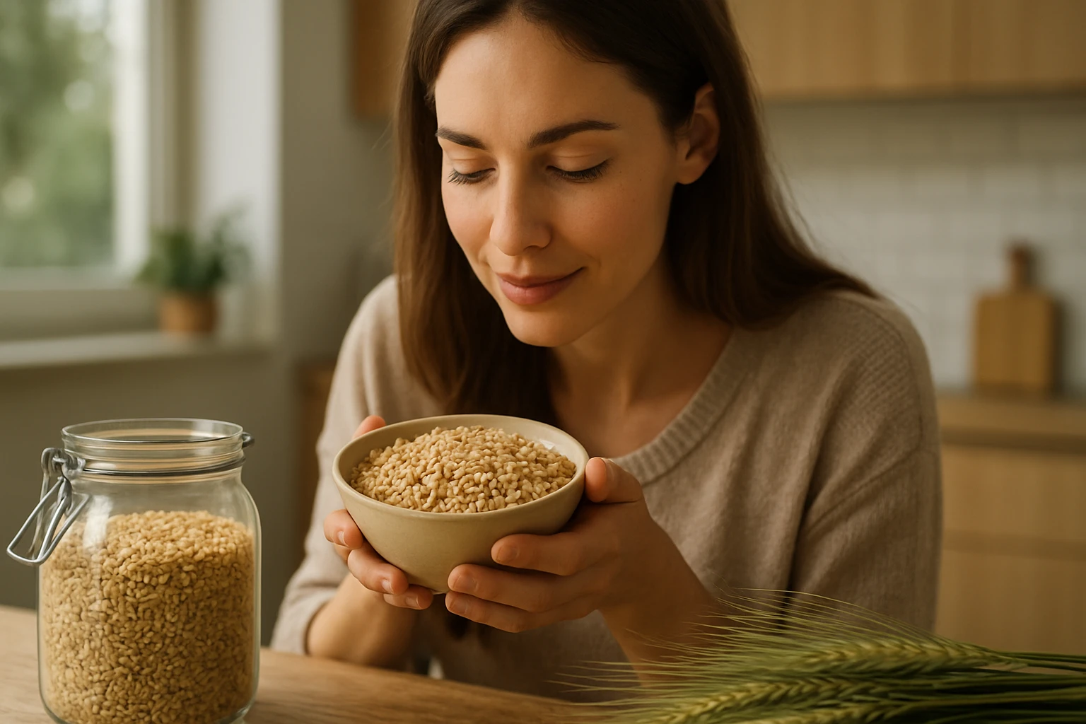 Žena si užíva jačmeň v miske, symbol zdravia a výživy.