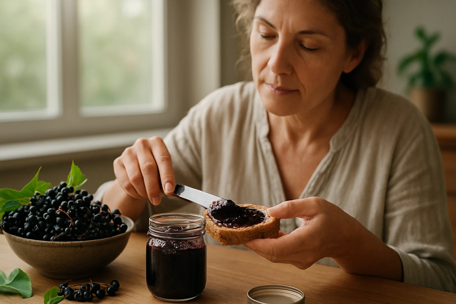 Žena natiera čierny baza džem na chlieb s miskou bobúľ vedľa seba.