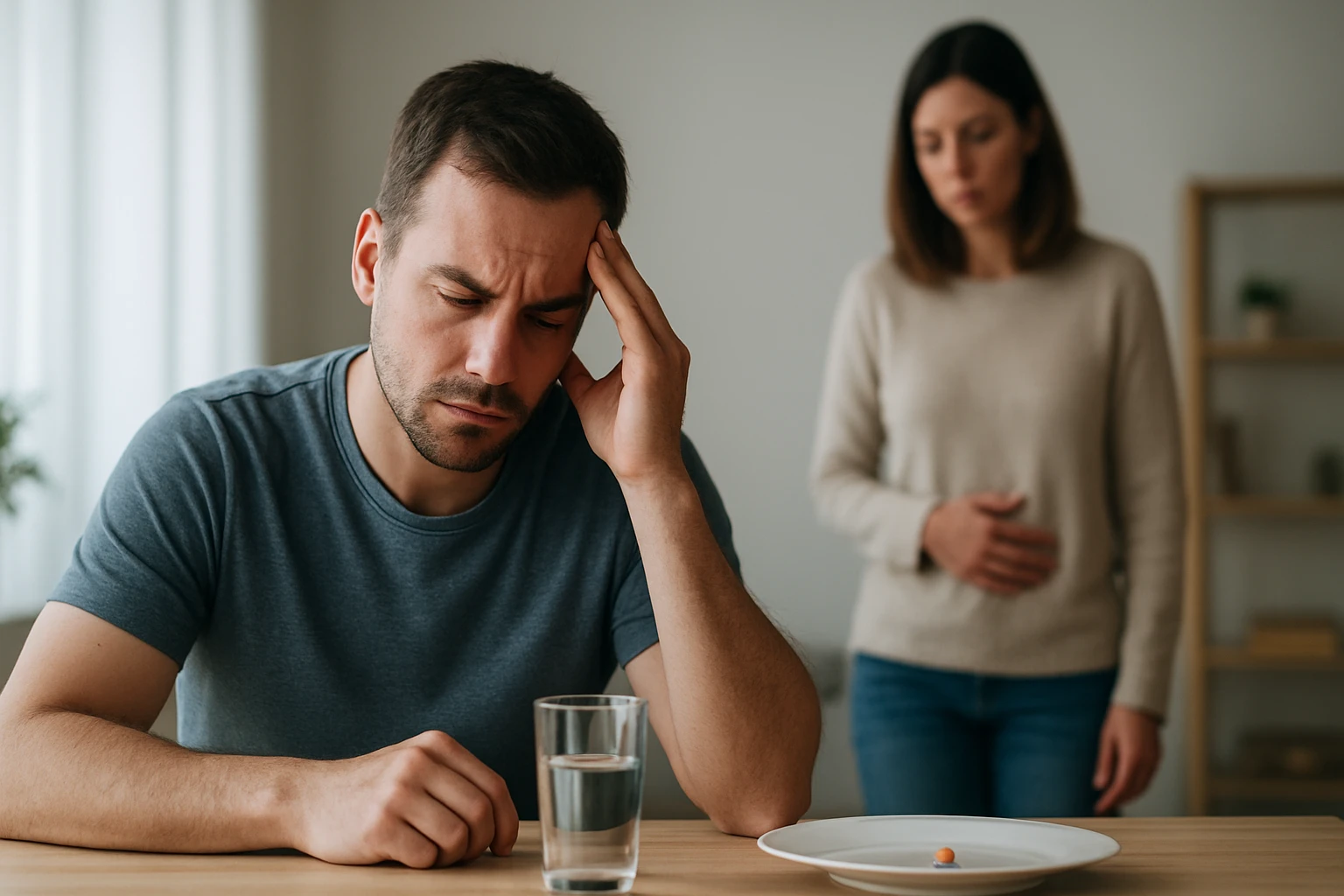 Muž trpiaci nevoľnosťou počas 48-hodinového pôstu s pohárom vody.