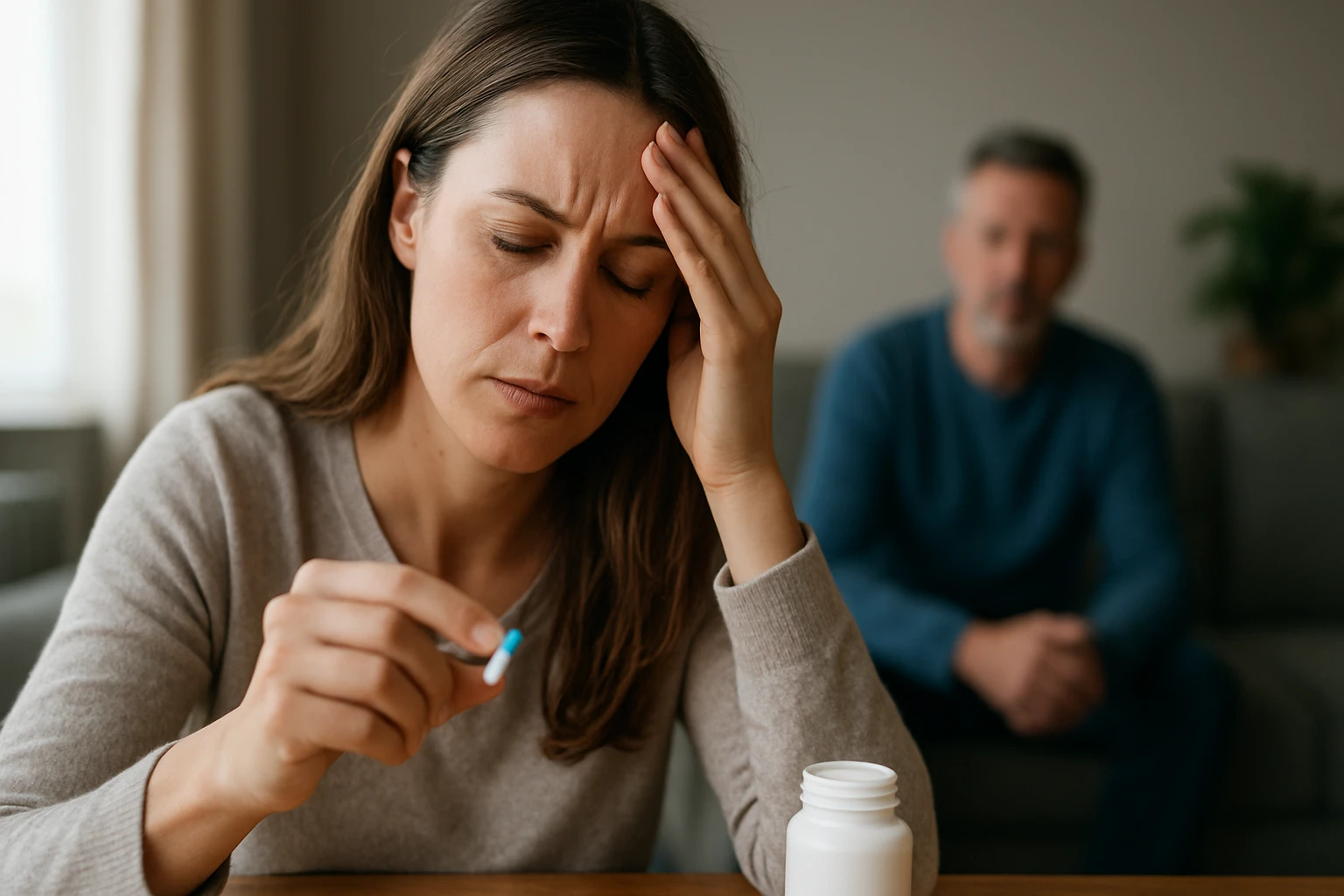 Žena trpiaca bolesťou a zvážujúca užitie duloxetínu na liečbu