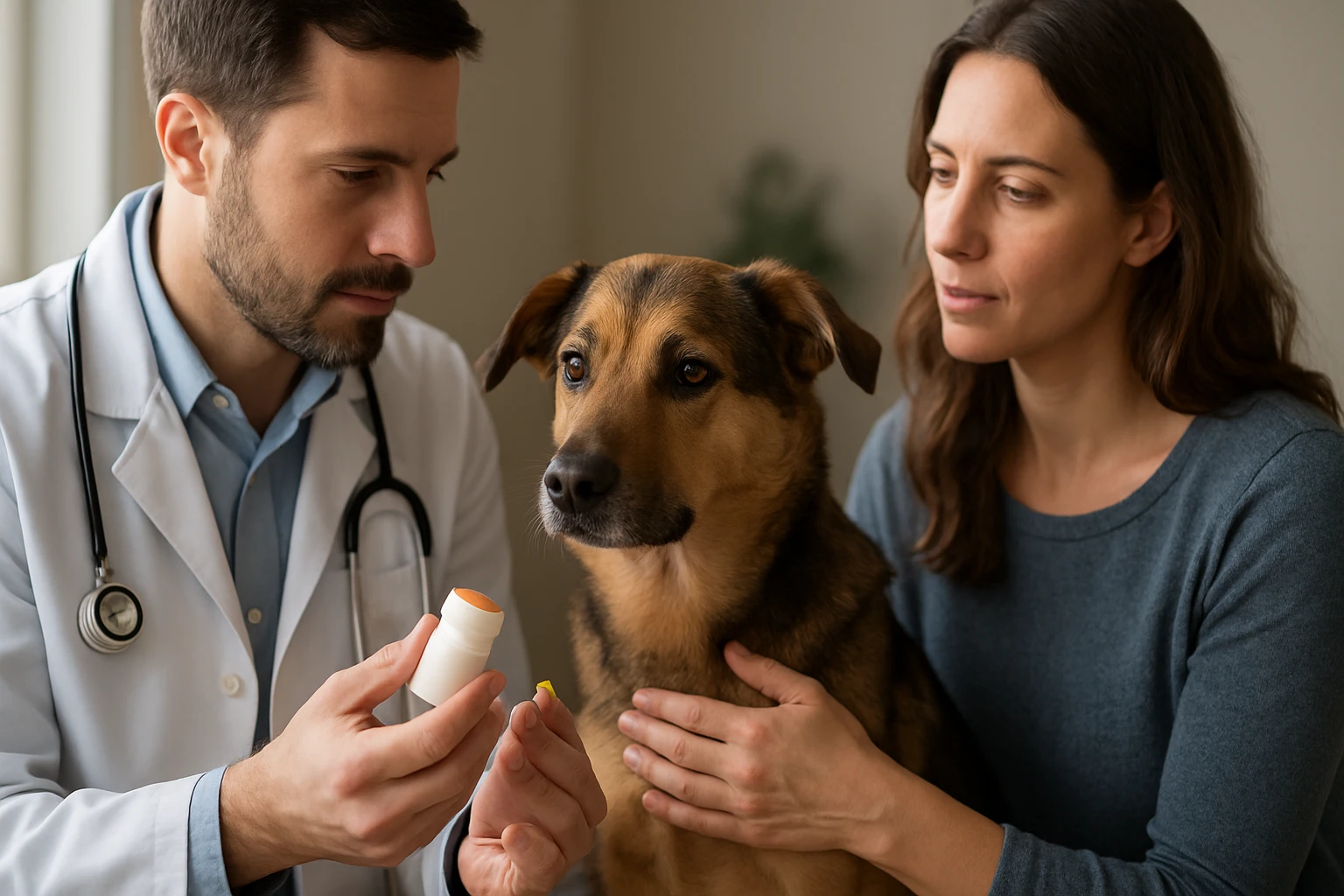 Veterinár predpisuje antibiotiká psovi s majiteľom