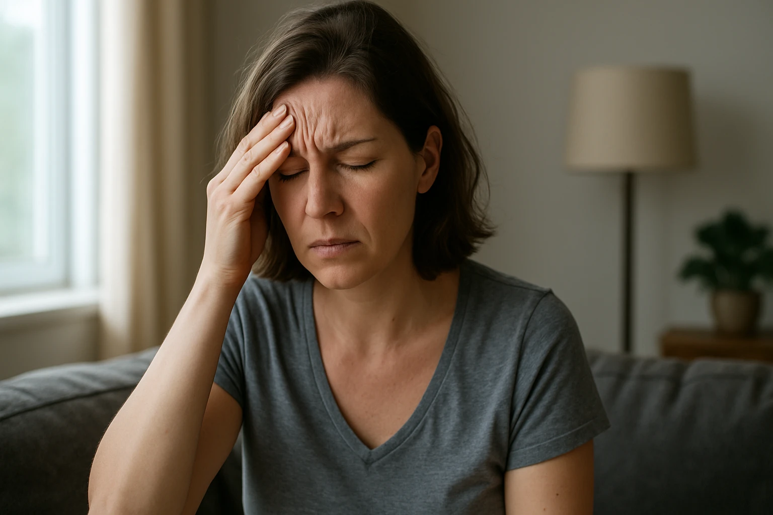 Žena trpiaca bolesťou hlavy v dôsledku vysokého tlaku.