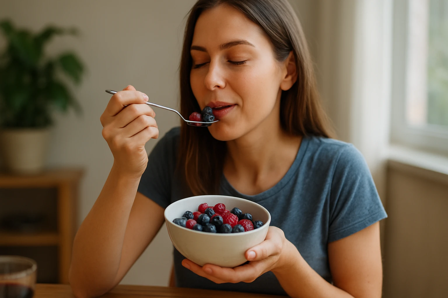 Žena vychutnáva berries bohaté na antokyány pre zdravie.