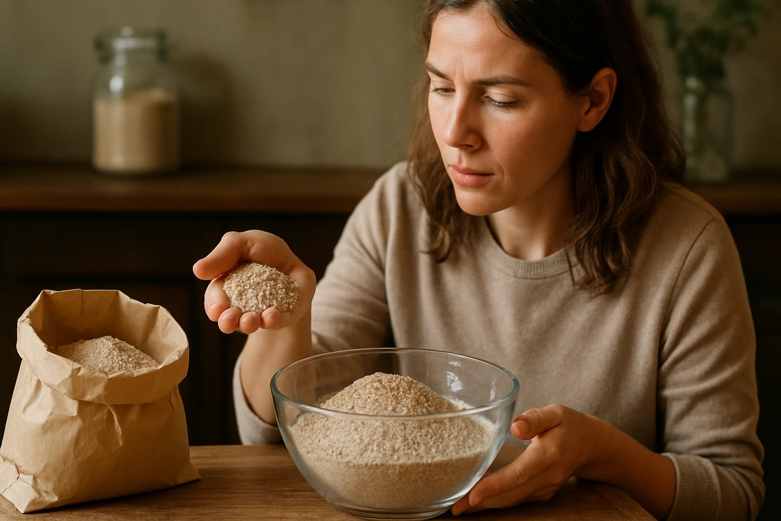 Žena skúma celozrnnú múku v poháriku a v taške.