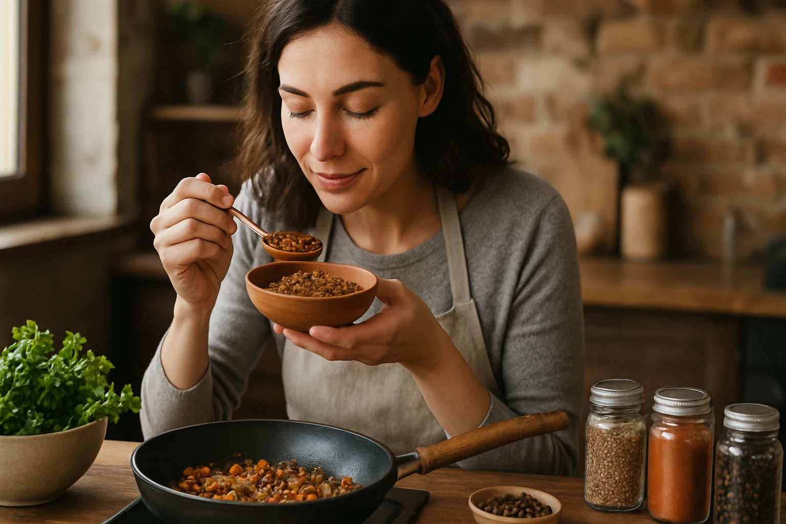 Žena ochutnáva zdravé korenie v kuchyni pri varení.