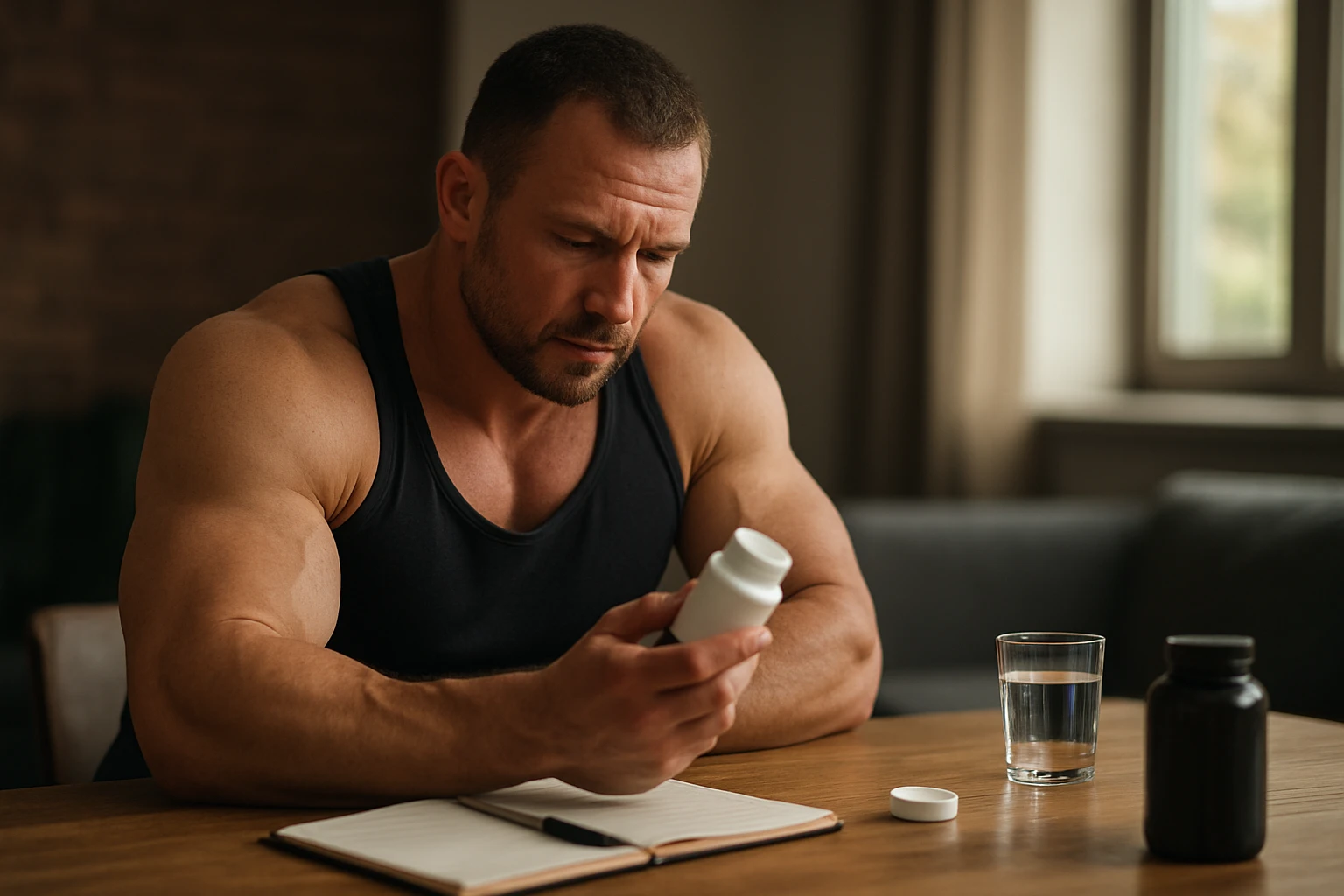 Muž s výrazným svalstvom skúma fľašu steroidu Dianabol.