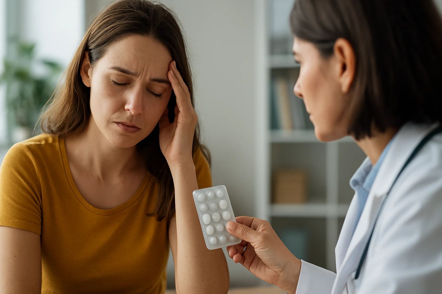 Žena s bolesťou hlavy dostáva lieky od lekára.