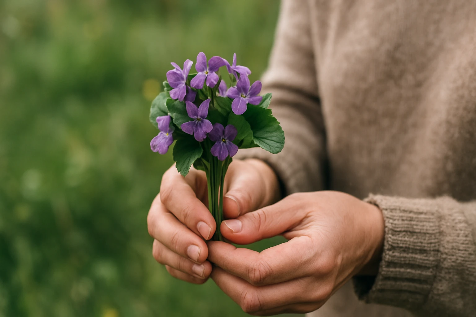 Ženské ruky drží kyticu divých fialiek v prírode.