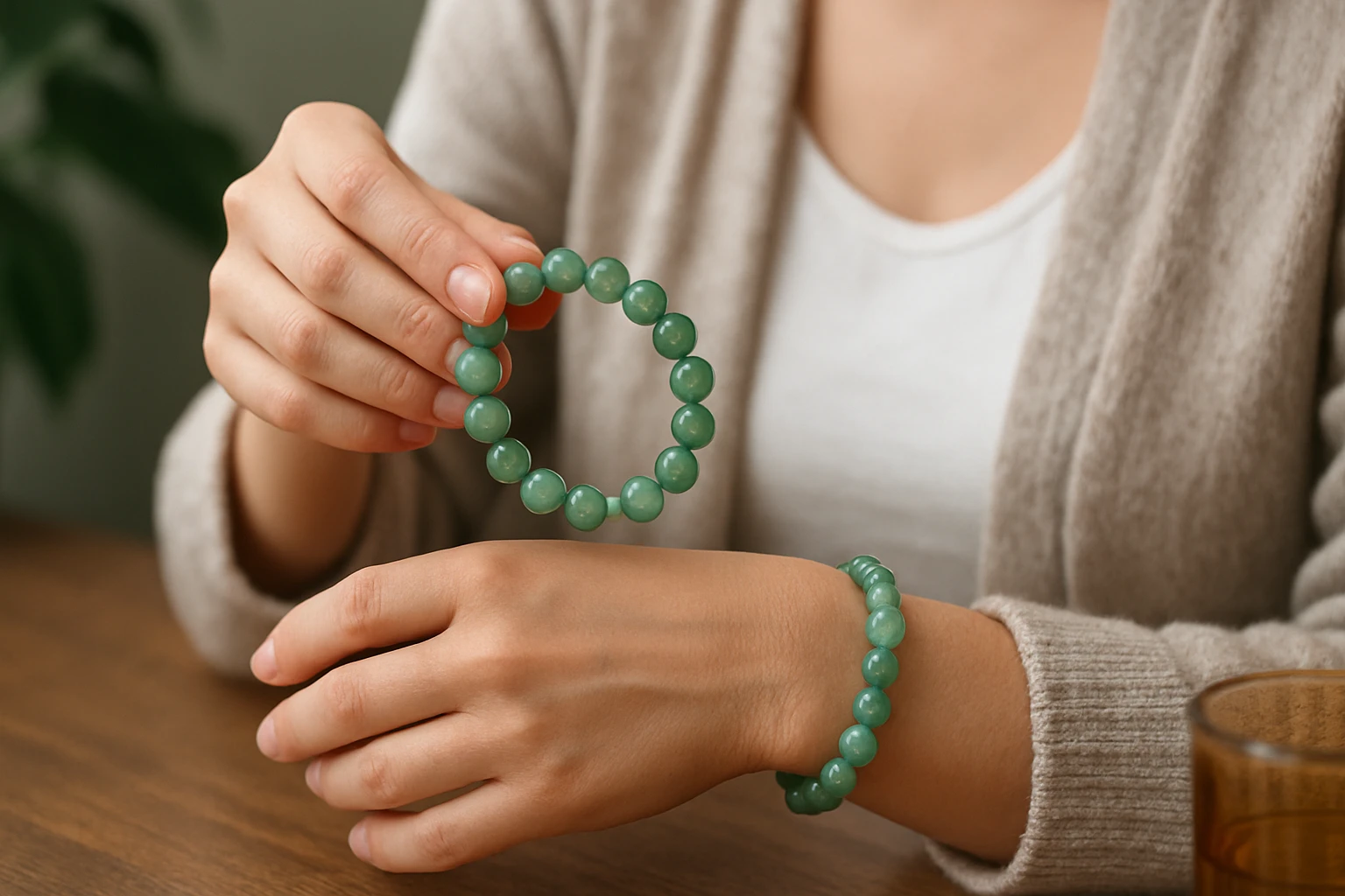 Aventurínový náramok v ruke, ukazujúci jeho energetické výhody